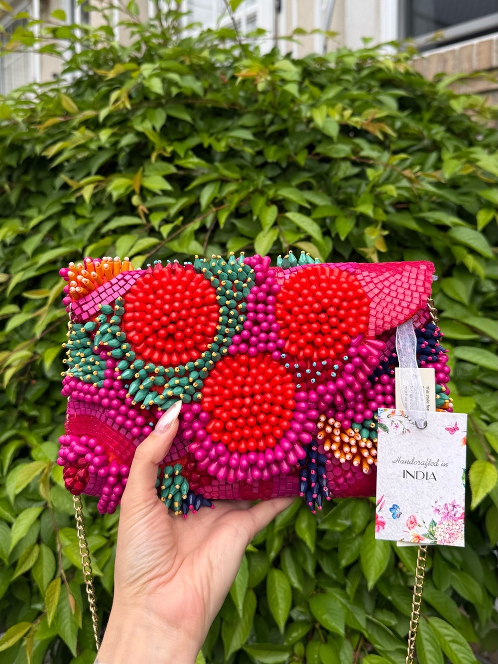 Pink Red Orange Floral Embellished Beaded Clutch